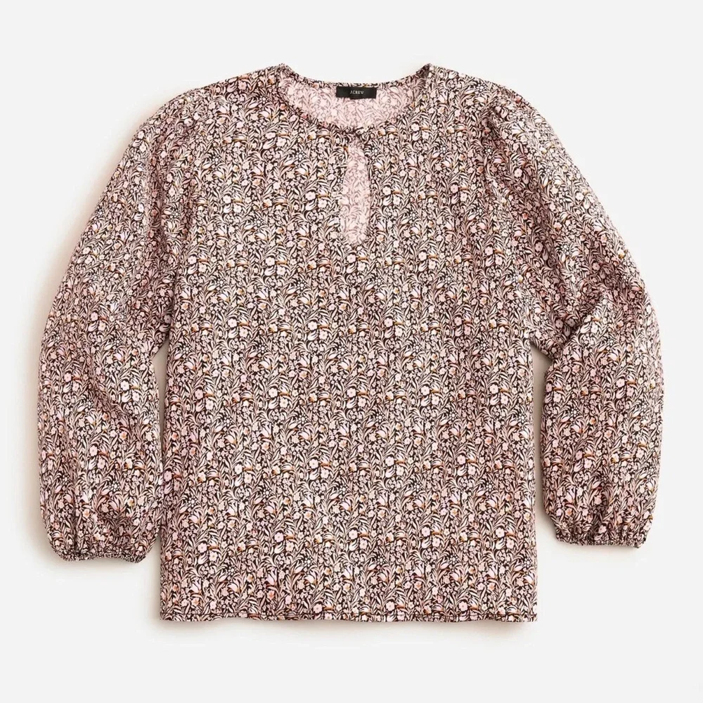 J Crew Puff Sleeve Satin Back Crepe Top Large In Floral Flourish Keyhole Neck